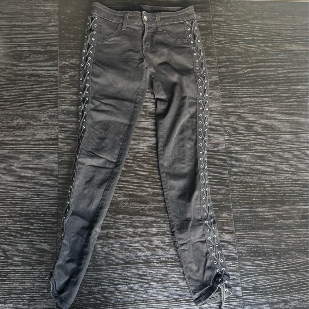Stylish Black Skinny Pants with Lace-Up Detail
